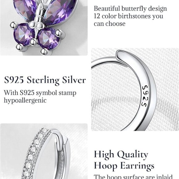 Sterling Silver Butterfly Earrings with Amethyst Dangles Youthful Gift for Women - Picture 5 of 9